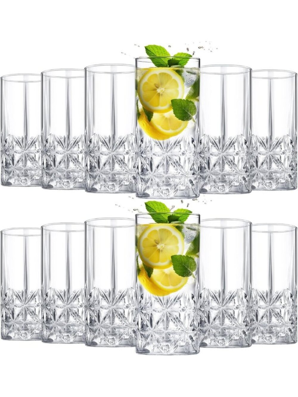 Set of 12 Stylish Tall Highball Crystal Glasses, 12 oz - Elegant Drinkware Set